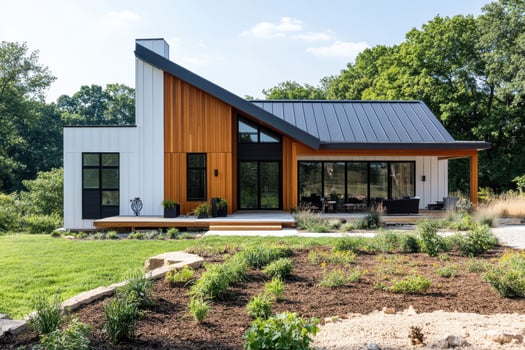 Modern house with a blend of wood and metal, set in a landscaped environment photo