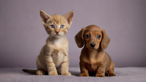 Adorable Lilac Kitten and Red Dachshund Puppy Pose Together photo