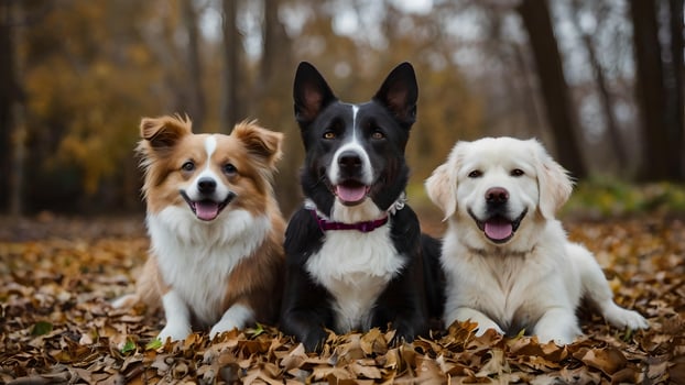 Three Adorable Dogs Smiling and Sitting in Fall Leaves photo