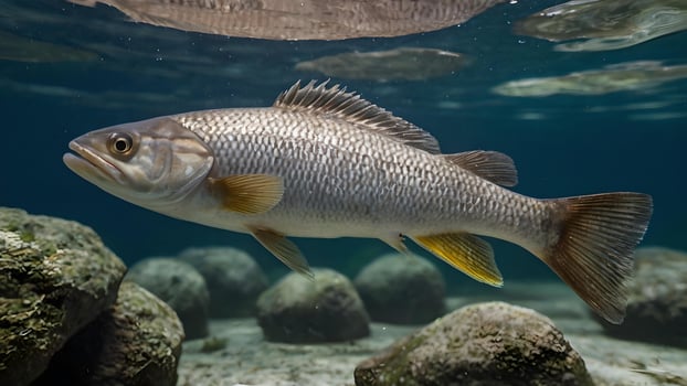 Whitefish swimming in underwater with rocks. photo