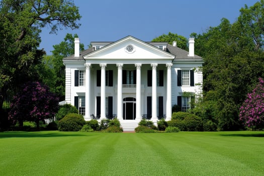 A grand white mansion with columns and a well-maintained lawn surrounded by trees and flowers photo