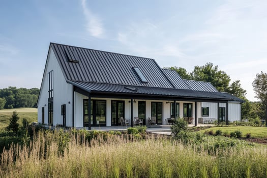 Modern farmhouse with a sleek design surrounded by greenery and open space photo