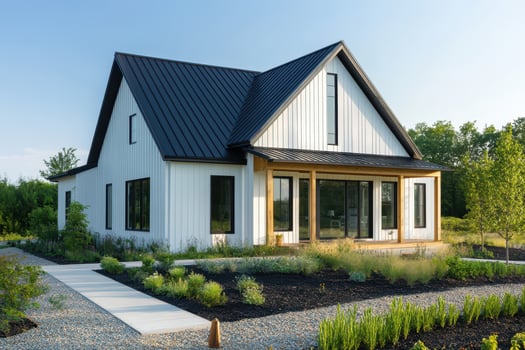 Modern house with a sleek design surrounded by landscaped greenery photo