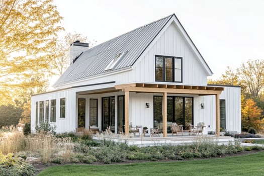 A modern farmhouse with a porch, surrounded by greenery and natural light photo