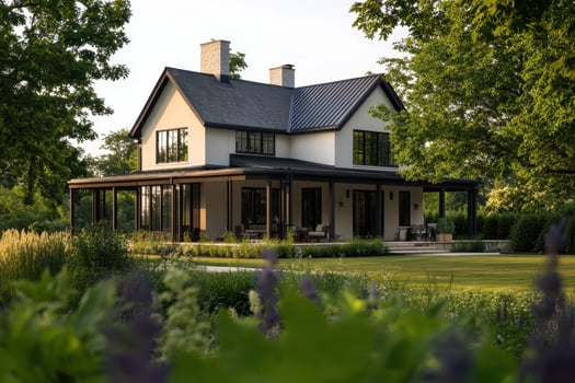 A modern house surrounded by greenery with a spacious porch and large windows photo