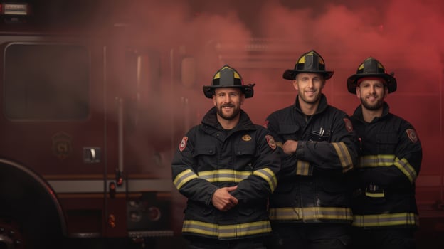 Three firefighters standing in front of a fire truck photo