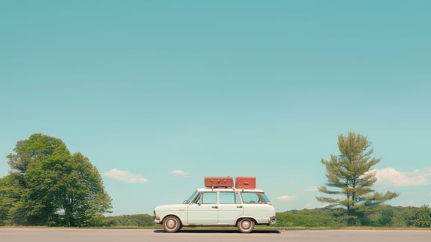 A white car with luggage on top of it photo
