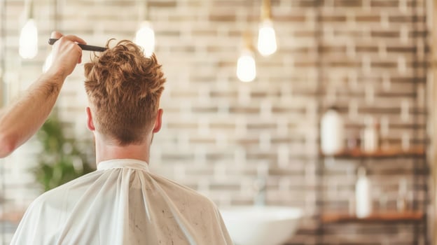 A man is getting his hair cut in a barber shop photo