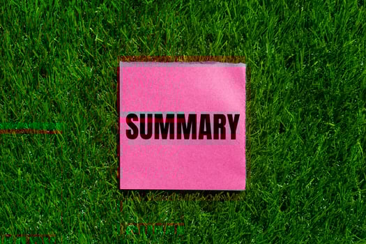 Summary message written on ripped torn pink paper with green grass background. Conceptual summary symbol. Copy space. photo