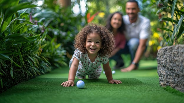 A Joyful Family Moment Captured in a Lush Garden Setting photo