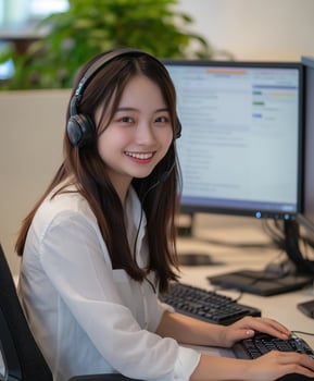 Smiling Chinese female customer service staff wearing headphones and working at office desk photo