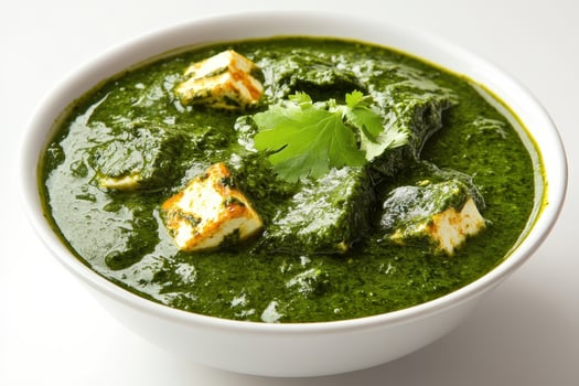 A bowl of green curry with paneer and herbs, showcasing Indian cuisine. photo