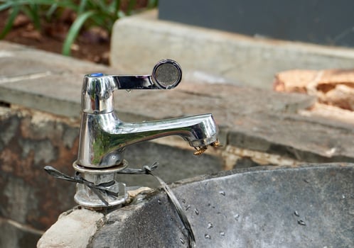 Metal stainless park water faucet object with two worker bees resting on it isolated on horizontal outdoor environment background. photo