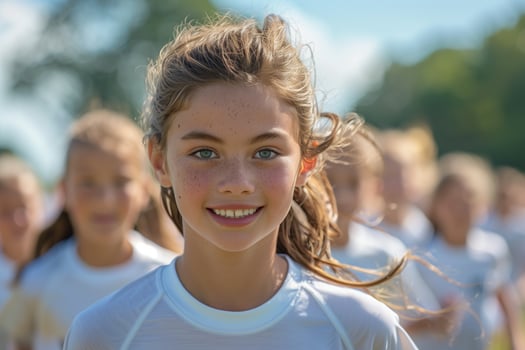 A group of girls, children and teenagers, energetically running in a competitive race photo