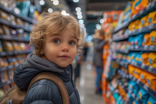 A young boy stands in a store aisle, looking at school supplies photo