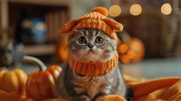 Adorable Kitten in Orange Knitted Hat Surrounded by Pumpkins and Cozy Autumn Decor photo