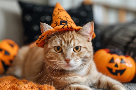 Adorable Orange Tabby Cat Wearing a Halloween Witch Hat with Pumpkin Decorations photo