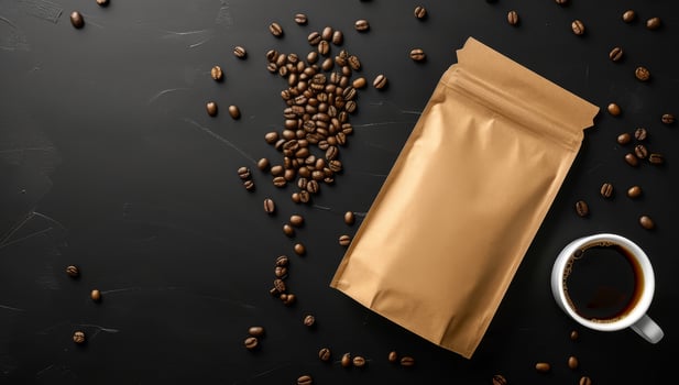 Coffee pack. Roasted beans and mockup bag template. Dark background with copyspace photo