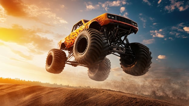 A monster truck performing a jump against a dramatic sunset backdrop. photo