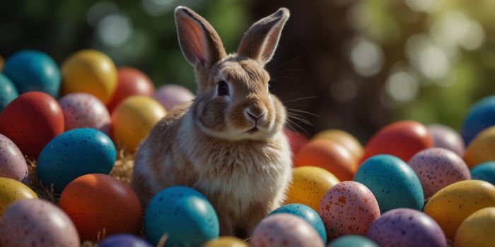 Easter Bunny Surrounded by Colorful Eggs. photo