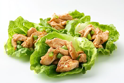 A plate of lettuce wraps filled with chicken and garnished with green onions. photo