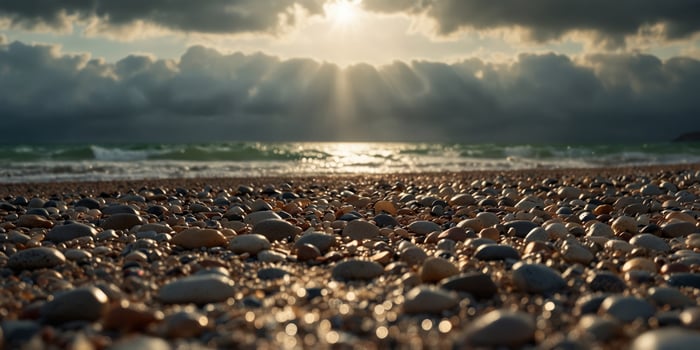 Sun rays breaking through storm clouds over a tranquil pebble beach. photo