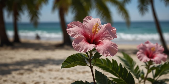Tropical beach paradise with pink hibiscus palm leaves. photo
