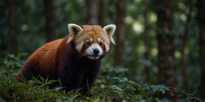 A Red Panda Walking Through a Lush Forest. photo
