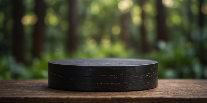 empty ebony wood cylinder podium with background. photo