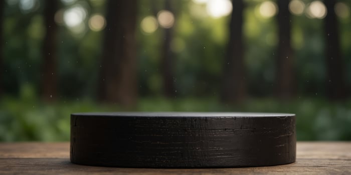 empty ebony wood cylinder podium with background. photo