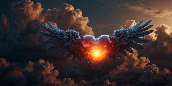 A glowing heart with wings amidst dramatic clouds. photo