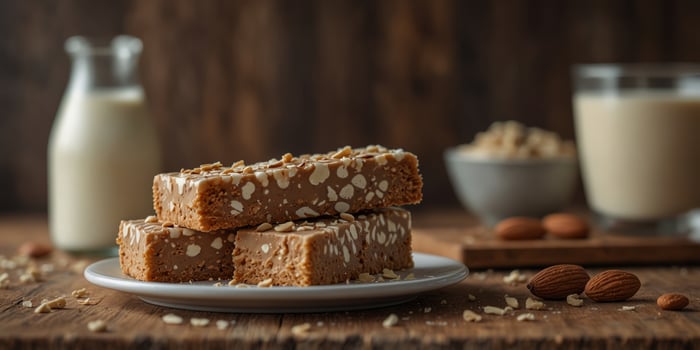 Almond milk and protein bars on wooden table. photo