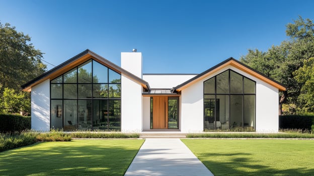 This modern Beverly Hills home has a striking white brick exterior, dark wood accents, and a stylish gable roof, set in a lush environment that showcases its luxury and contemporary design photo