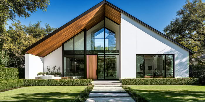 This modern home features a sleek design with white brick and dark wood highlights, set in the sunny landscape of Beverly Hills, California, providing a beautiful residential experience photo