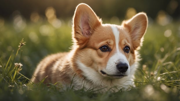 Adorable Corgi Puppy Laying in the Grass. photo