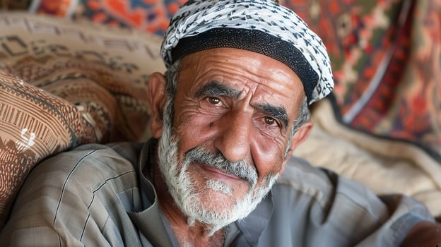 Mature Arab man sitting on traditional pillows and rugs indoor. photo