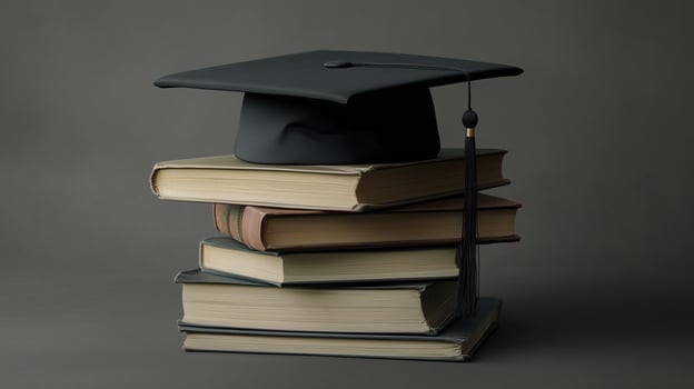 pile books graduation hat photo