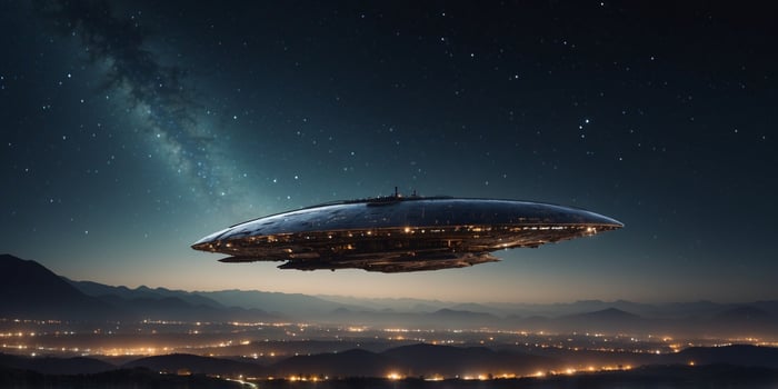 Mysterious spaceship hovering over night earth landscape. photo