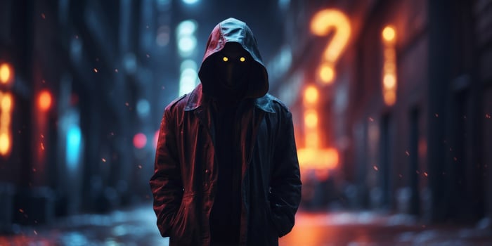 Mysterious figure facing a neon question mark in a dystopian alley. photo