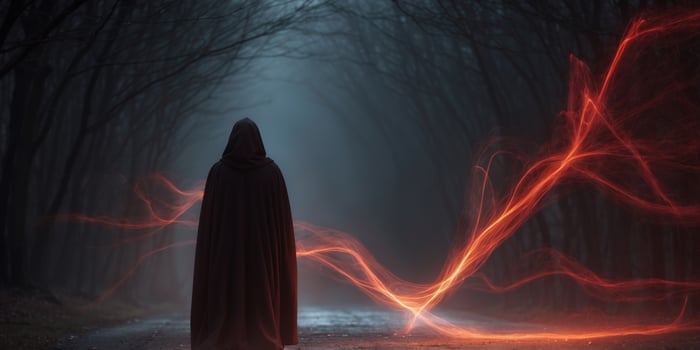 mysterious cloak figure with glowing red energy in dark. photo
