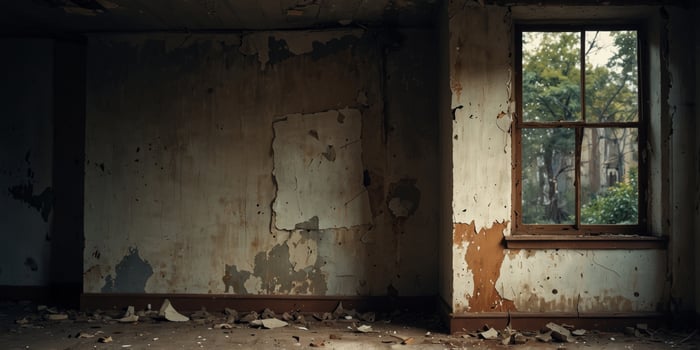 Old abandoned building with broken window. photo