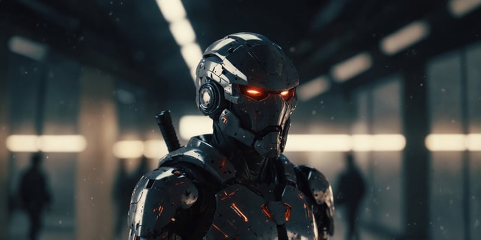 Futuristic Anime Warrior in Stylish Armor Striding Through High-Tech Corridor with Confidence and Intensity. photo