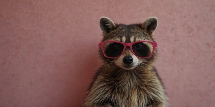 Raccoon wearing sunglasses peeking through a pink wall. photo