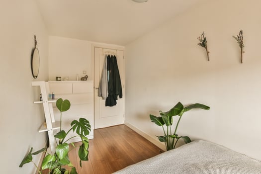 A bedroom with a bed, a closet and a plant on the wall photo