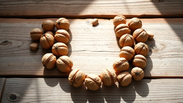 Walnuts arranged in a circle on a wooden surface photo