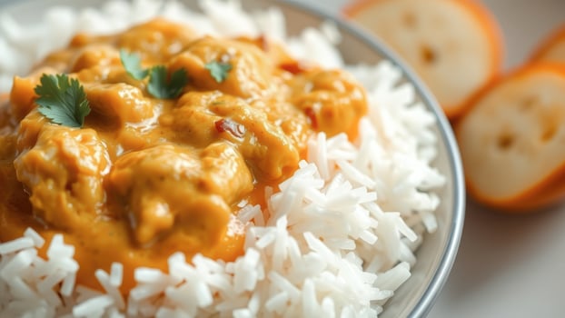 Close Up Of Creamy Chicken Curry Served On A Bed Of White Rice photo