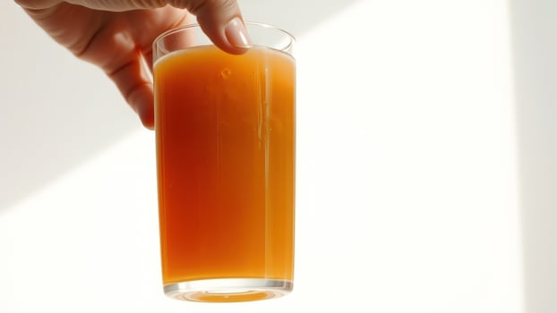 Glass of orange juice held by a hand photo