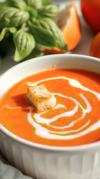 Tomato Soup with a Swirl of Cream and Crouton photo