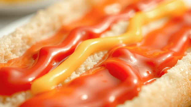Closeup of Ketchup and Mustard on a Hot Dog Bun photo