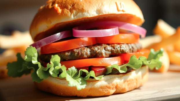 Closeup of a juicy burger with red onion, tomato and lettuce on a wooden table photo